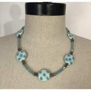 Fashion Pastel Blue Bead Spotted Stone Silvertone Necklace 20" Long